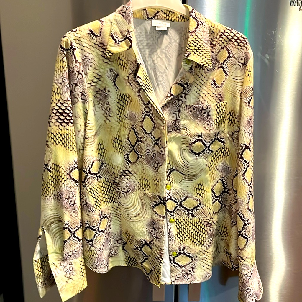 Reptile Snake Skin Print Blouse Button Collared Brown Lime Italy Made Womens 1xl
